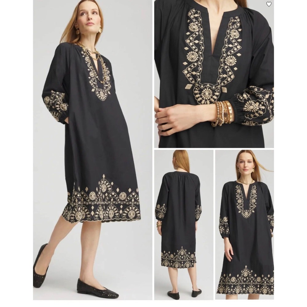 Chico's Scalloped-Hem Poplin L Midi Dress 100% Cotton Dress Embroidered Pockets